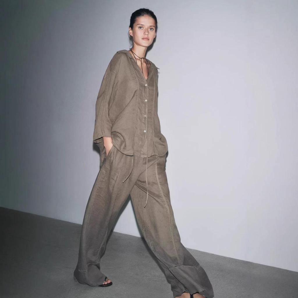 Spring 2025 Women's Linen V-Neck Long Sleeve Shirt & Wide-Leg Pants Casual Set