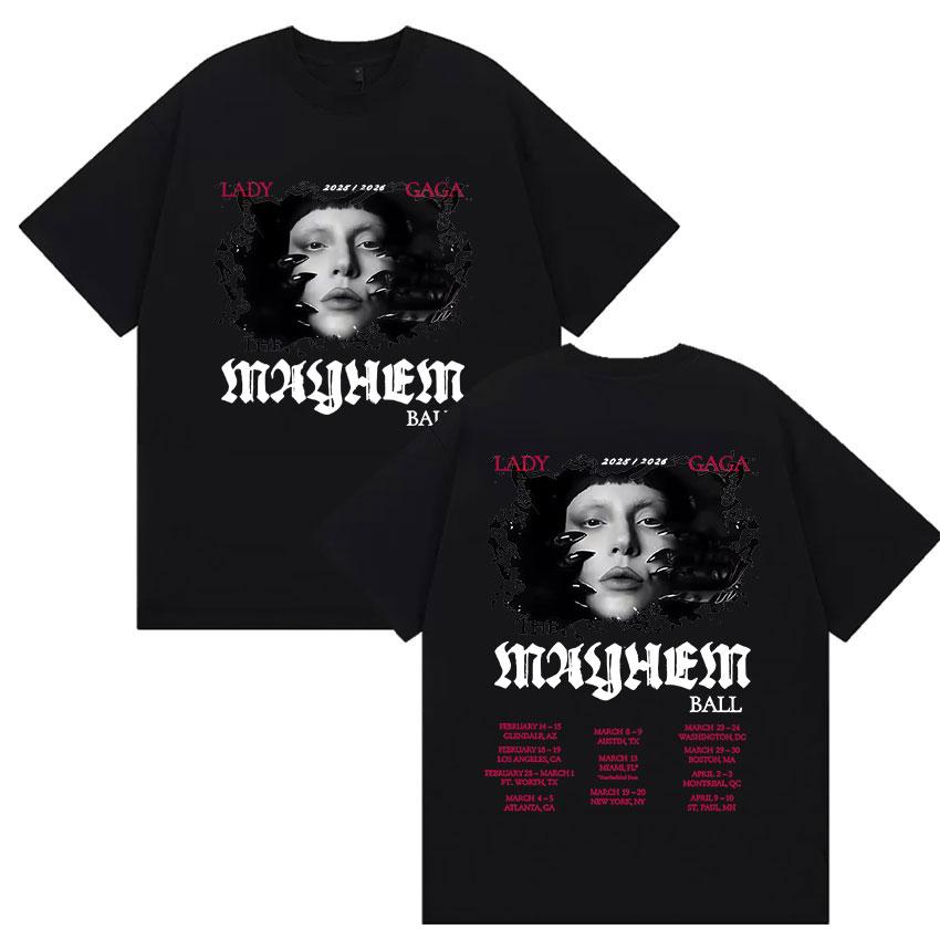 Lady Gaga The Mayhem Ball Album Tour 2025 Print T-Shirt Unisex Women Hip Hop Retro Style Cotton Oversized T Shirts Fans Streetwear