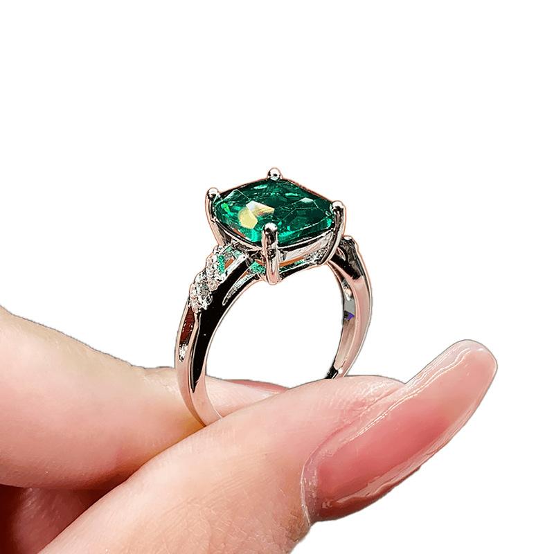 Imitation Emerald Rectangular Ring Women'S Light Luxury Temperament Gold-Plated Colored Treasure Square Greenstone Live Ring