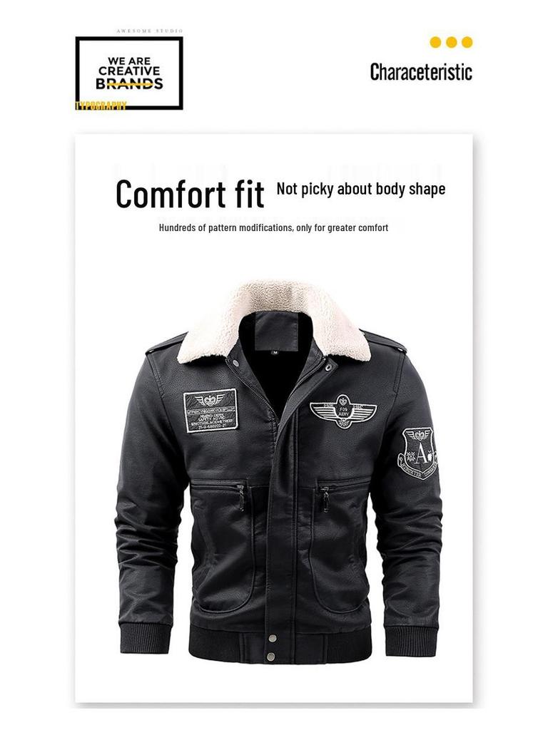 Herren Übergröße Faux-Schweinsleder Pelzkragen Fliegerjacke