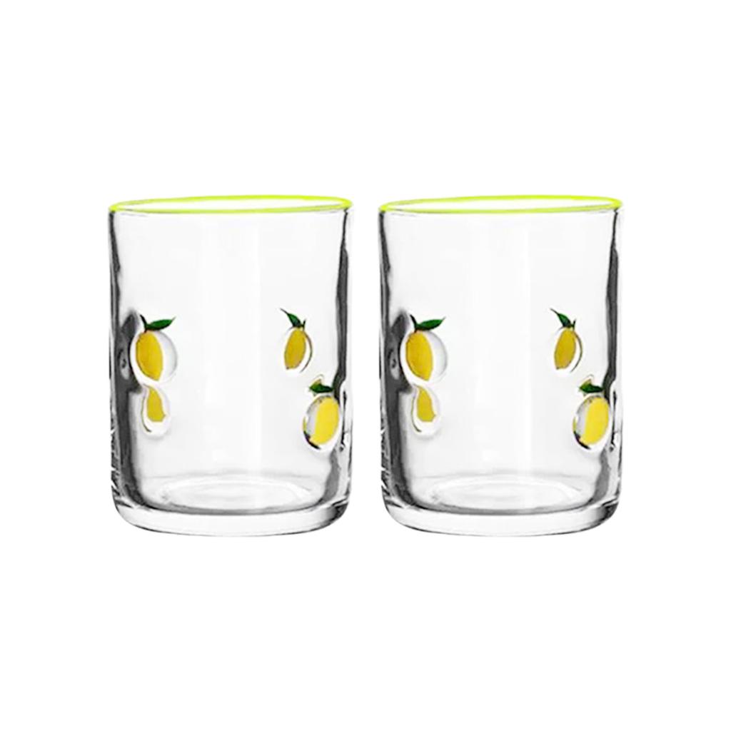 Pair Of Lemon Printed Vintage Juice Glasses Durable Glassware With 14oz Capacity Ideal For Cocktails Water Decor