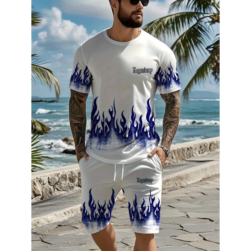 

Men s Summer Short Sleeve Set 3D Creative Flame Print Short Sleeve Top Shorts Casual Two-piece Outdoor Fashion Wear S
