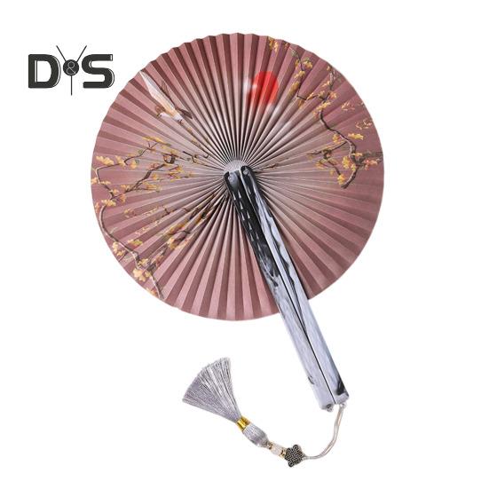 Runder Faltfächer im chinesischen Stil mit Quasten, Blumenmuster, Handfächer aus Papier, tragbarer Sommer-Handfächer, Tanzaufführung, Foto-Requisiten, Dekoration