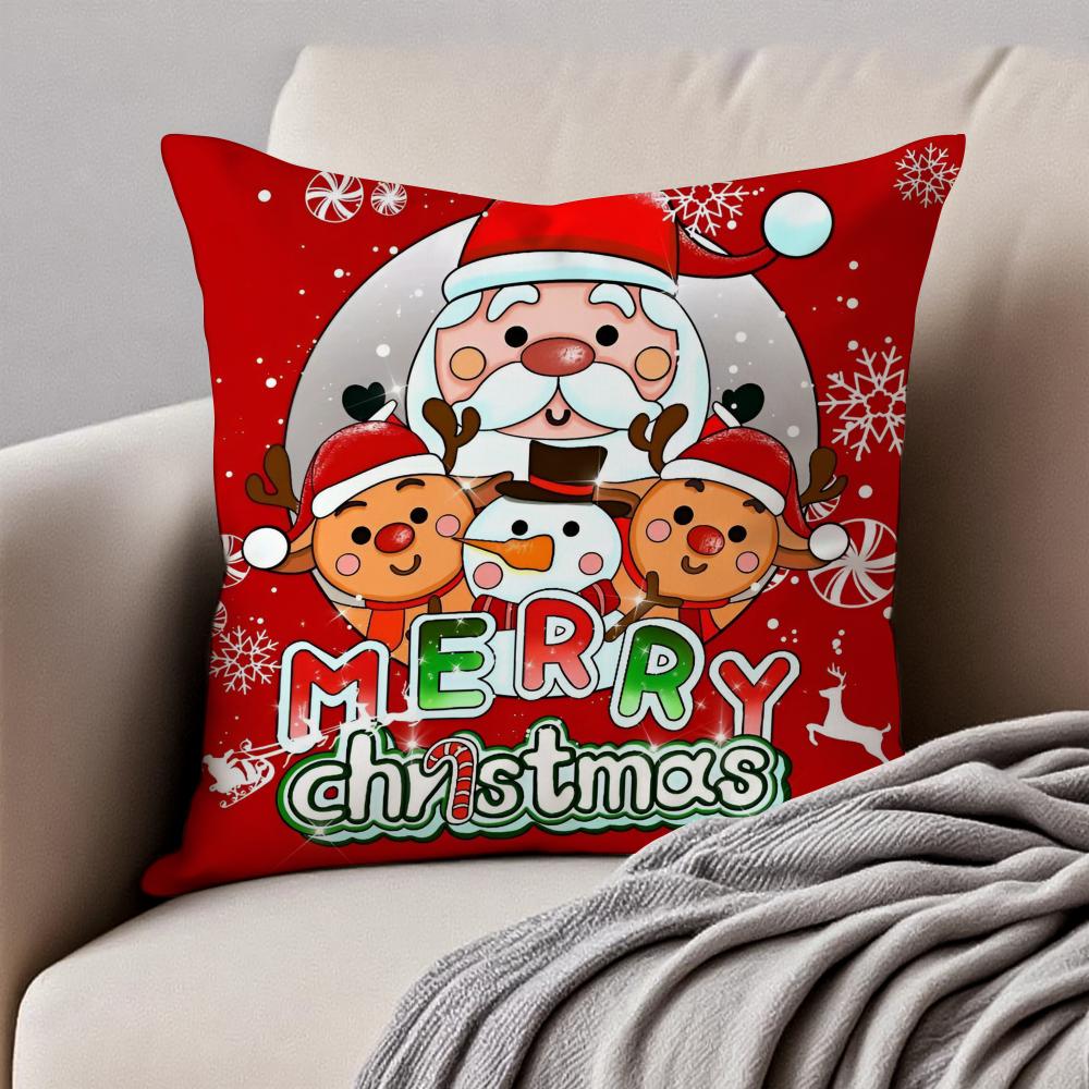 Happy Red Festive Cozy Art Merry Christmas Cushion Cover Pillowcase Anti-Dustmite Invisible Zipper Short Plush Sofa Cushion