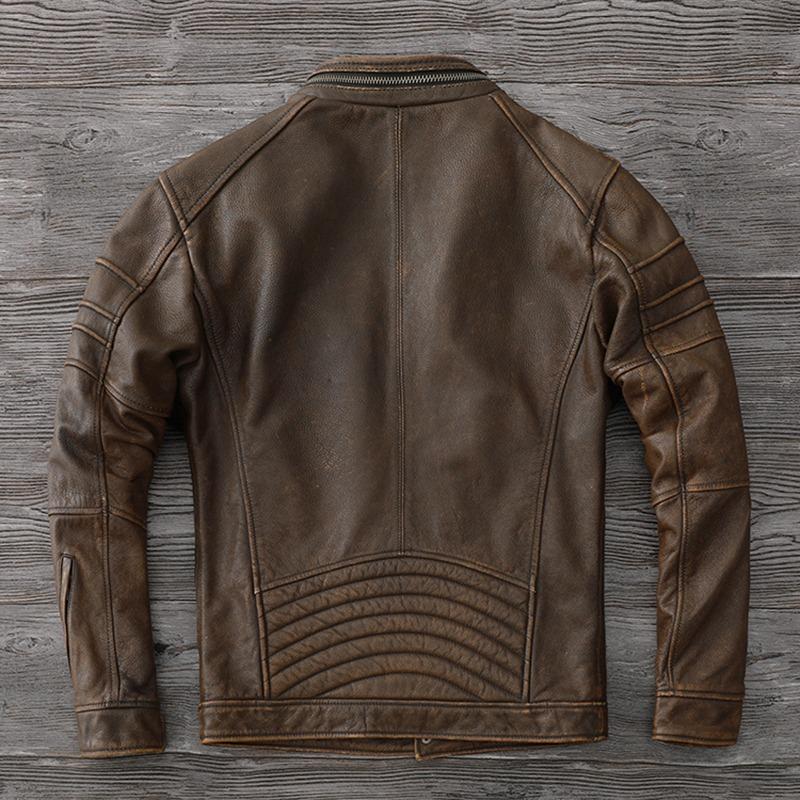 Chinese Size Men Leather Jacket Style Brown Genuine Cowhide Coat Soft Slim Fit Spring Vintage