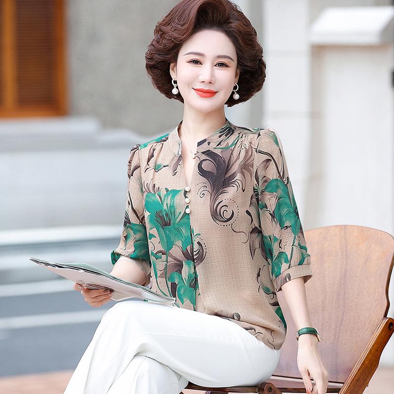 Summer Vintage Broken Flowers Blouse Commute Single-breasted Female Clothing Folk Casual Round Neck Half Sleeve Shirt
