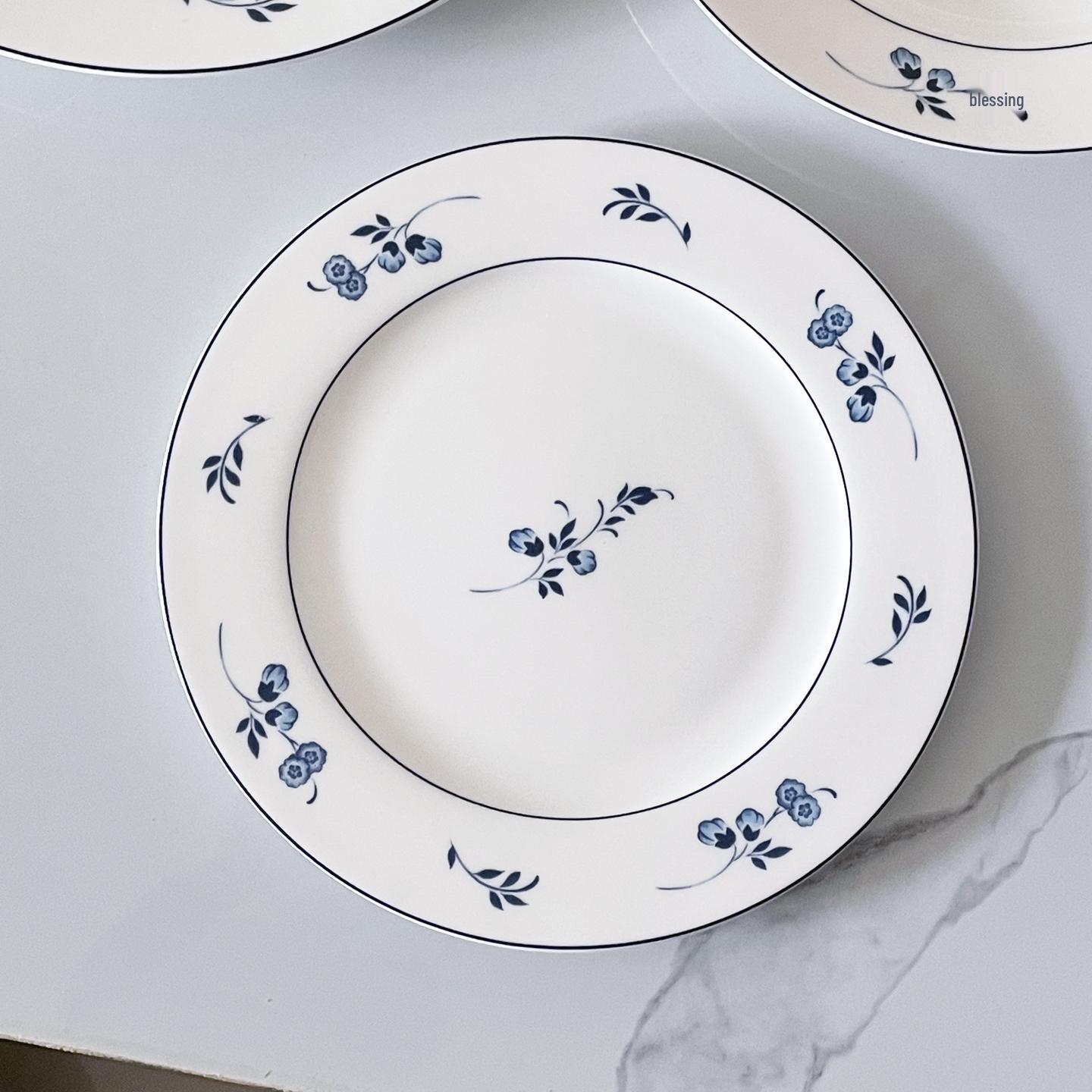 Chinese Bone China Plate Set with Blue Floral Design