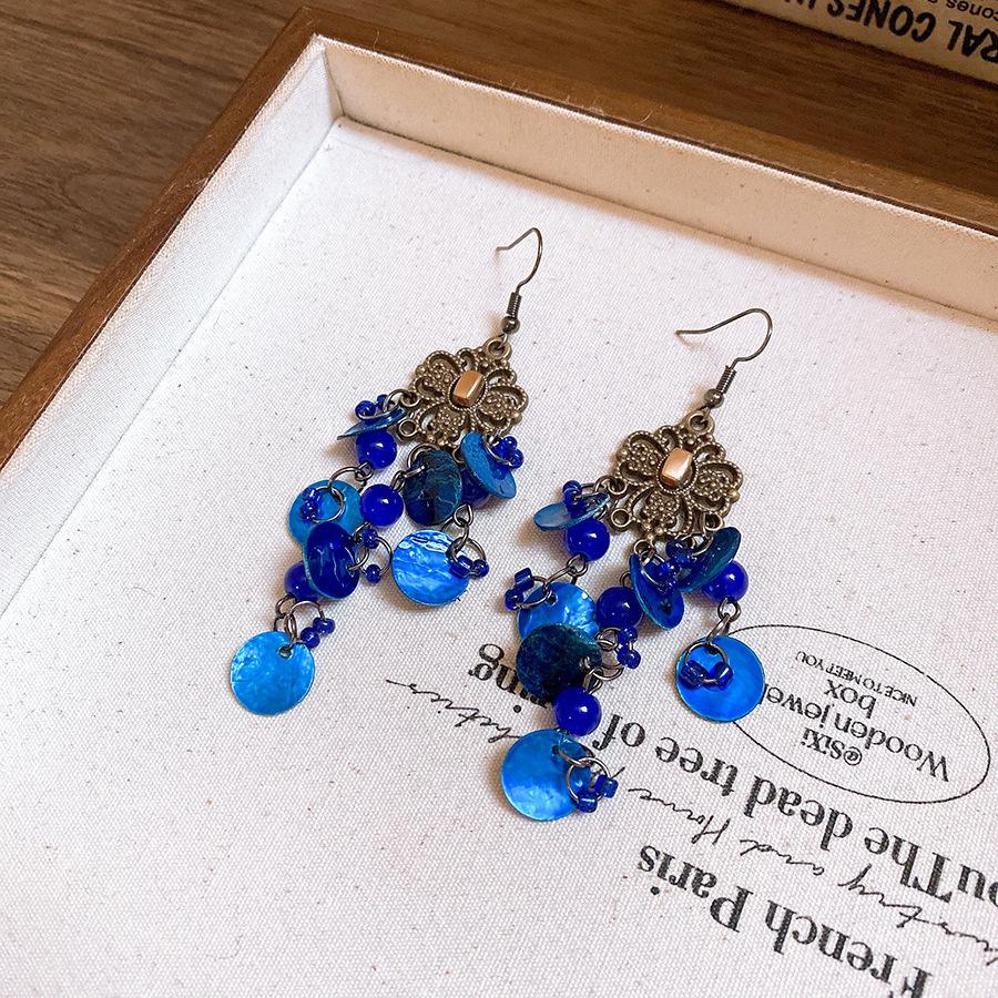 Cercei cu ciucuri în formă de scoică rotundă pentru femei, stil etnic retro, cârlige de urechi, cercei lungi boemi, temperament, lux, designer, zircon