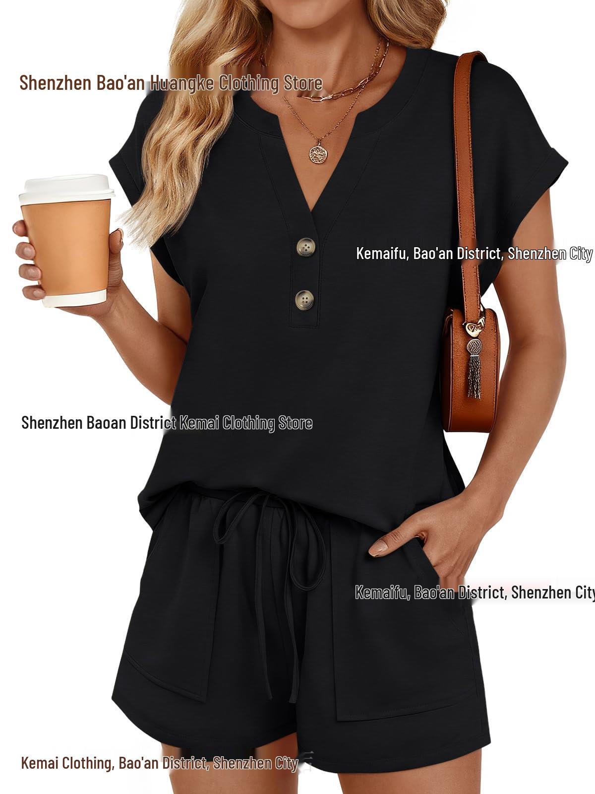 

2026 Europe & America Spring/Summer Women s Solid V-neck Button Short Sleeve Shorts Two-piece Set Medium чёрный