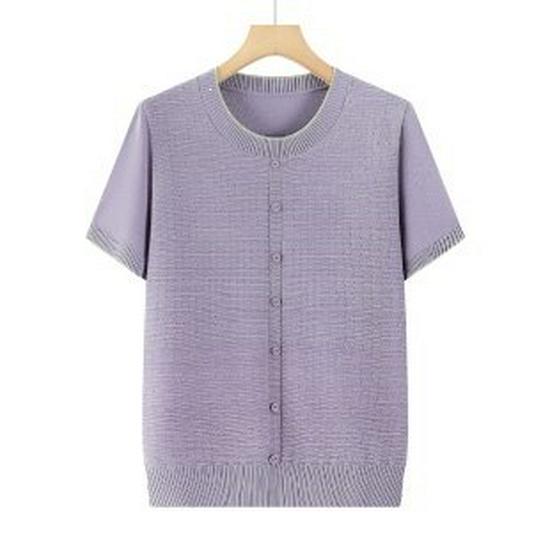 2026 Versatile Ice Silk Knit T-Shirt for Moms: Stylish Short-Sleeve Summer Top for Middle-Aged and Elderly Women 4XL фиолетовый