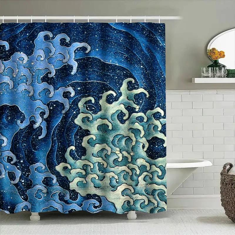 Large Wave Shower Curtain Waterproof Bathroom Decor Home Textile Custom-Made Polyester Fabric Creative Pattern Blue Color Aliexp