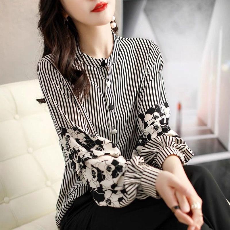 Office Lady Striped Stylish Floral Printed Shirt Female Clothing Round Neck All-match Loose Spring Autumn Casual Button Blouse