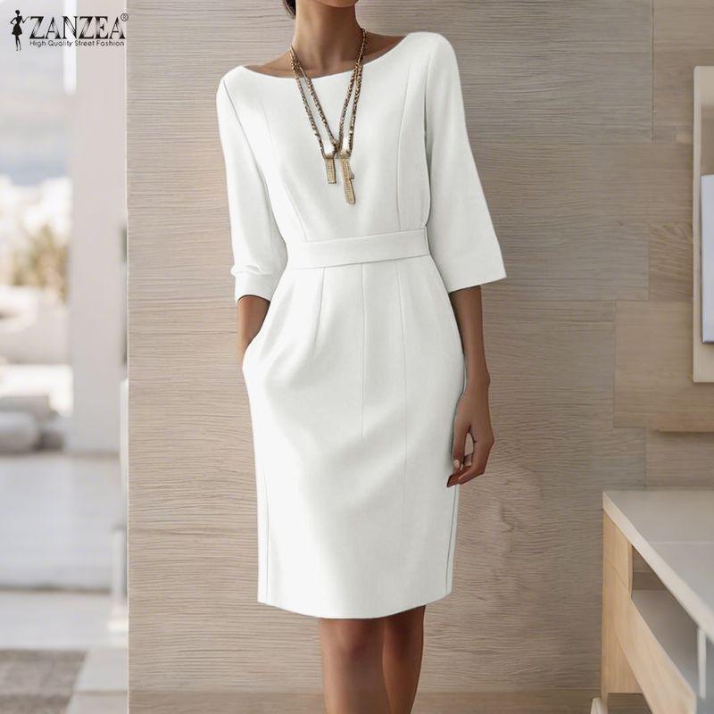 ZANZEA Women Casual Round Neck Summer 3/4 Sleeve Sheath Dress