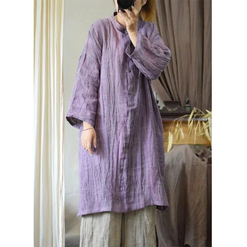

Johnature Осенняя женская льняная рубашка неправильной формы в винтажном стиле, однотонная рубашка в китайском стиле с длинным рукавом One Size фиолетовый