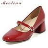 FOREADA High Heels Shoes Women Mary Janes Shoes Patent Leather Med Heel Pumps Buckle Square Toe Ladies Shoes Red Plus Size 33-43