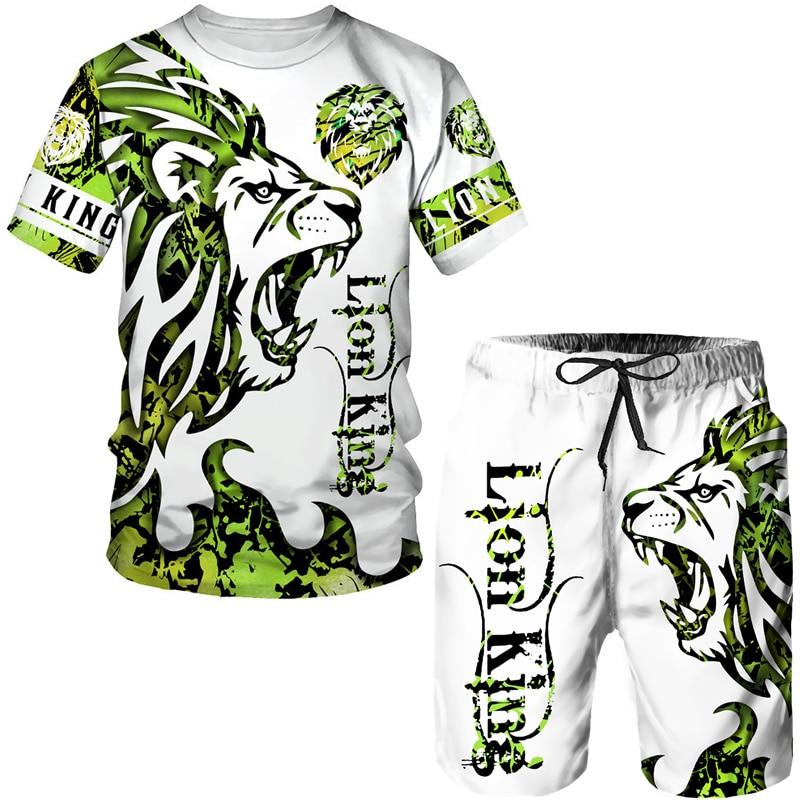 Tricou bărbați Seturi 2 piese Îmbrăcăminte sport de vară Ținute Vintage Litere Animale Pantaloni scurți 3D Trening Men Streetwear Tiger Wolf Model Tricou Set