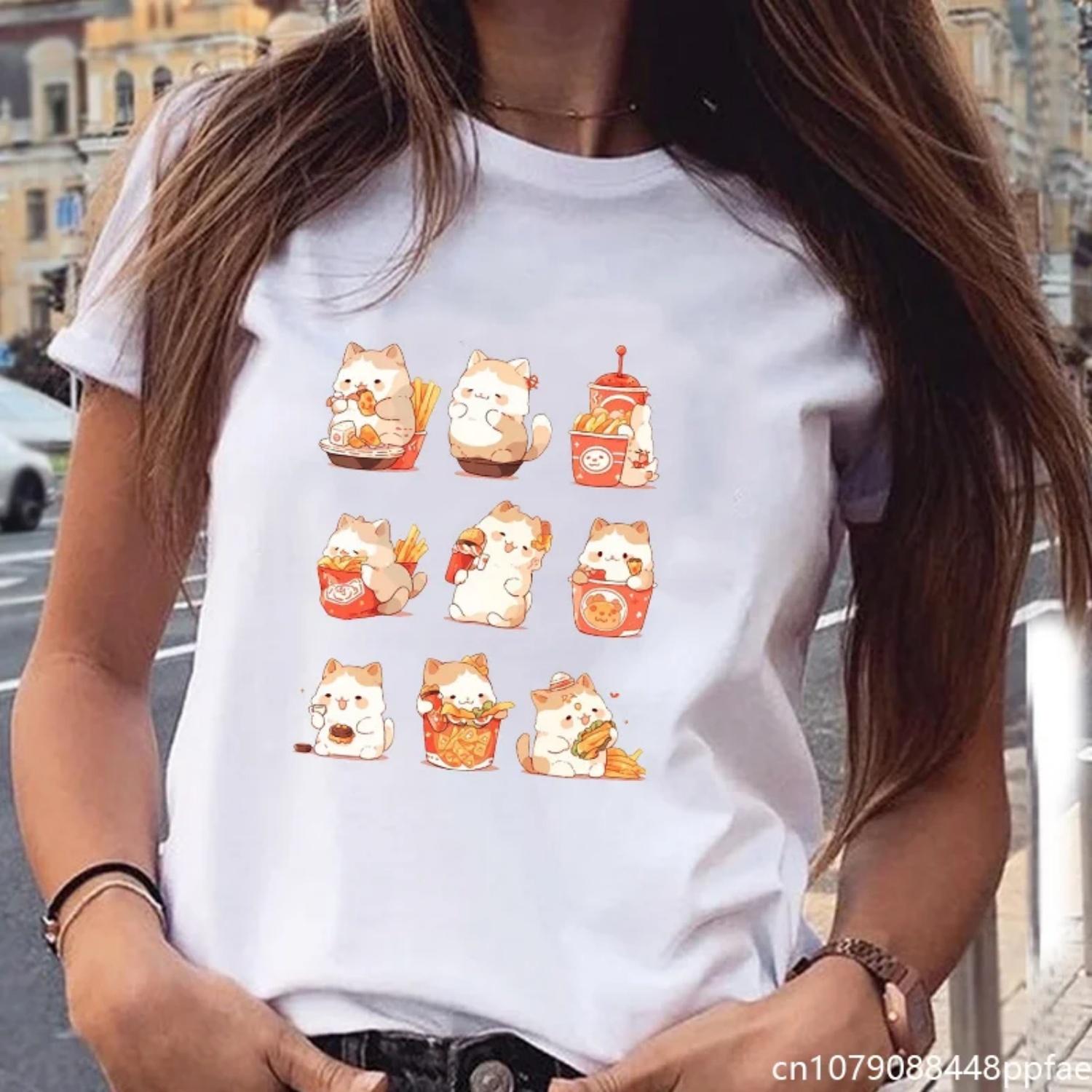 Women s Cute Cat Pattern Printed T-Shirt Funny Cat T-Shirt Animal T-Shirt Women s Summer Cute T-Shirt Tops S