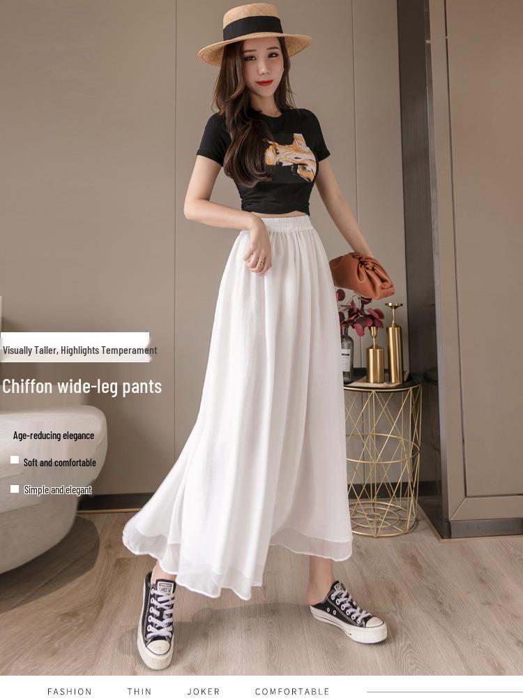 Women's Double-Layer Chiffon Wide-Leg Pants - Summer 2025, Elastic Waist, Casual, Slimming Nine-Point Length