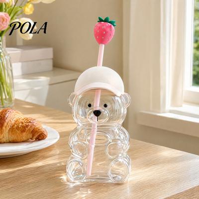 Tazza in Vetro Orsetto Carino con Coperchio e Cannucce Rimovibili, Borraccia in Plastica/Vetro da 500/591ml per Bevande Fredde/Calde, Tazza da Caffè con Fantasia per Adulti, Casa Ufficio