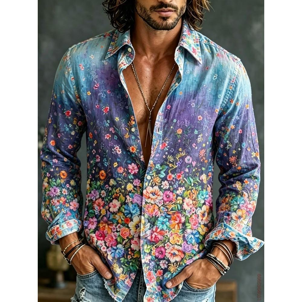 Men's Long Sleeved Shirt with Sun Rainbow Print Top, Versatile for Vacation and Travel, Fashionable and Comfortable Casual Shirt