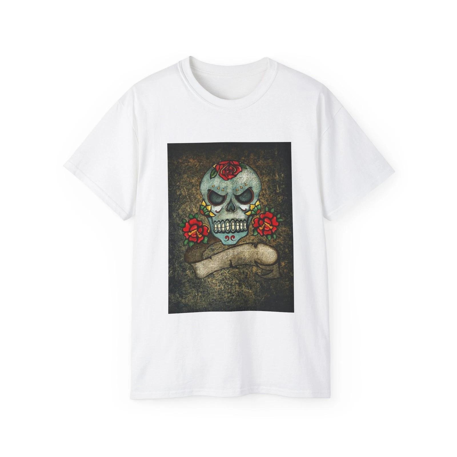 Skull And Crossbones Roses Background Tattoo | Custom Graphic T-Shirt 3XL