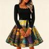Women's Vintage Square Neck Long Sleeve Halloween Print Evening Dress