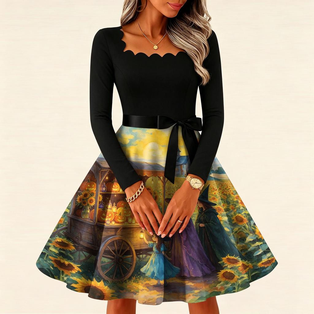 Women's Vintage Square Neck Long Sleeve Halloween Print Evening Dress