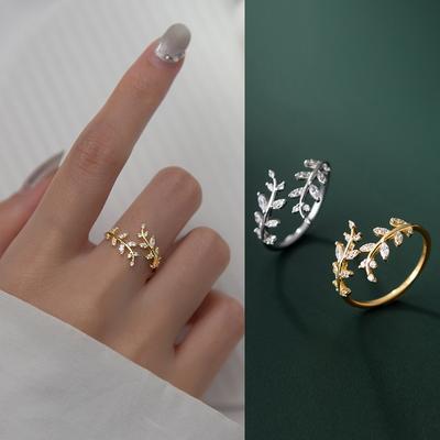 Zircon Open Branch Small Leaf Adjustable Ring for Women Wedding Party Jewelry AVE