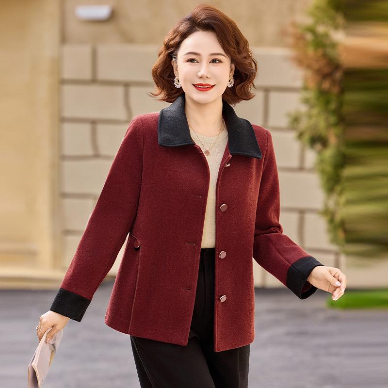 

2026 Spring Collection: Color Block Woolen Coat for Middle-Aged & Elderly Women - Fashion Lapel Suit XL (90-110 jin) красный