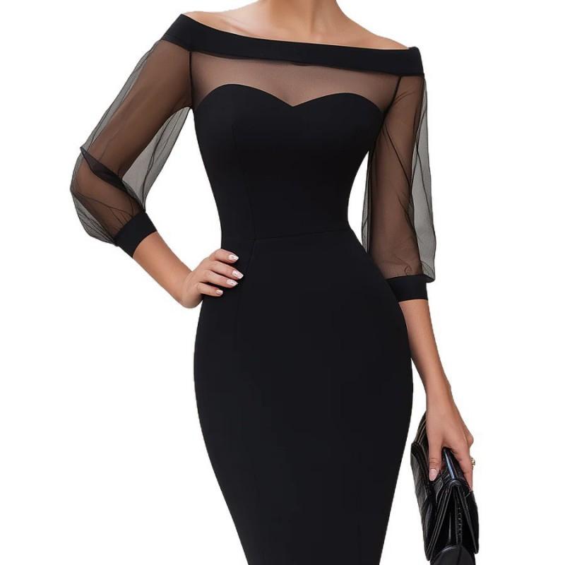 Elegant Sheer Mesh Off-Shoulder Bodycon Midi Dress Office Work Casual Party 2026