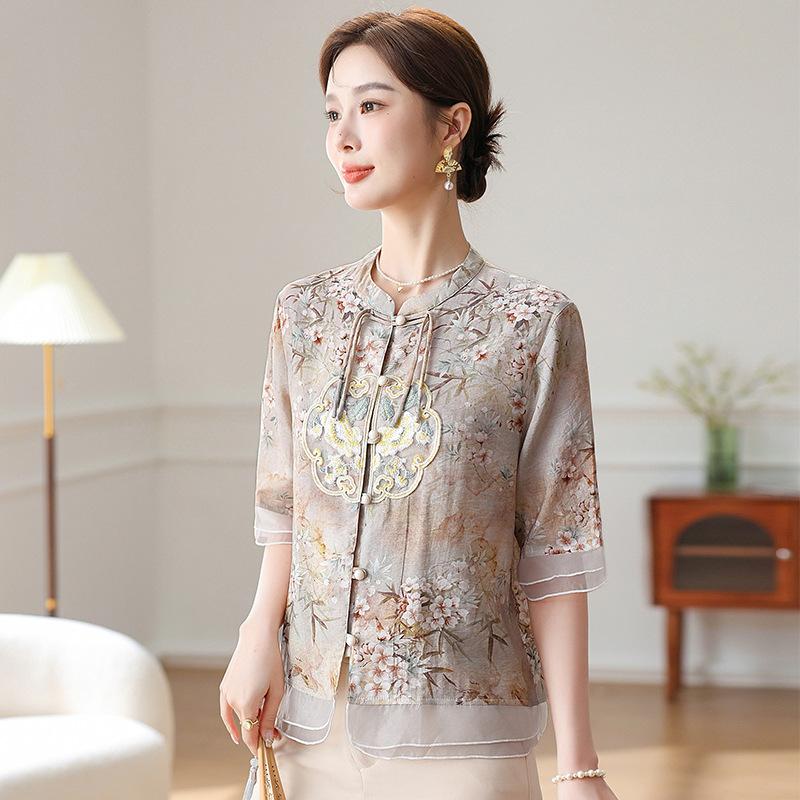 

Летняя одежда, стиль вестерн, одежда для мам, печатная краска, рубашка с короткими рукавами в национальном стиле, летние топы для женщин среднего и пожилого возраста XXXXXL