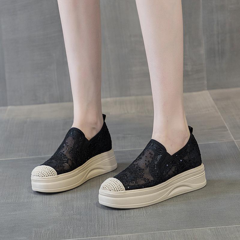 Fisherman shoes women's new one-pedal lightweight lace mesh shoes versatile thick soles increase height and breathability