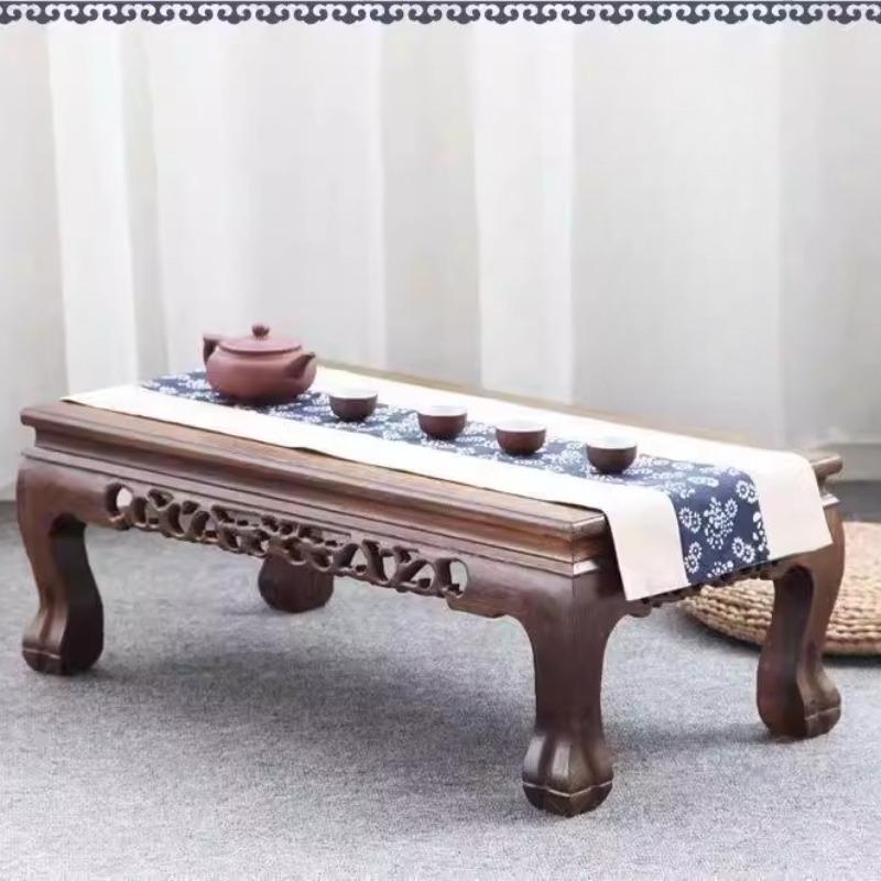 Solid Wood Coffee Table with Carved Legs, Wingset Wood Low Floor Desk for Tatami, Traditional Asian Style Window Sill Side Table