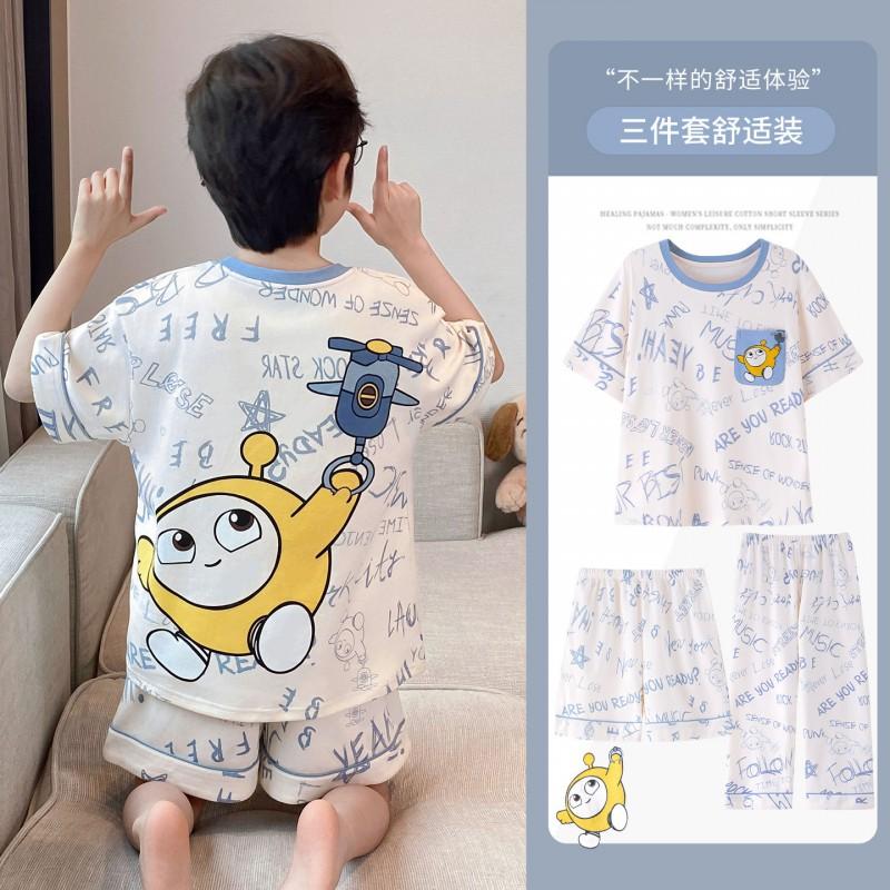 Cotton 3-Piece Pajama Set Boys Lightweight Short Sleeve Sleepwear Cartoon Print Home Wear Ages 8