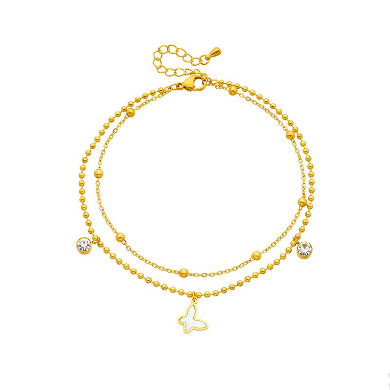 Gold Plated Layered Butterfly Anklet with CZ, Dainty Double Chain Beaded Foot Jewelry with White Enamel Butterfly, Cute Summer Jewelry for Women Gift