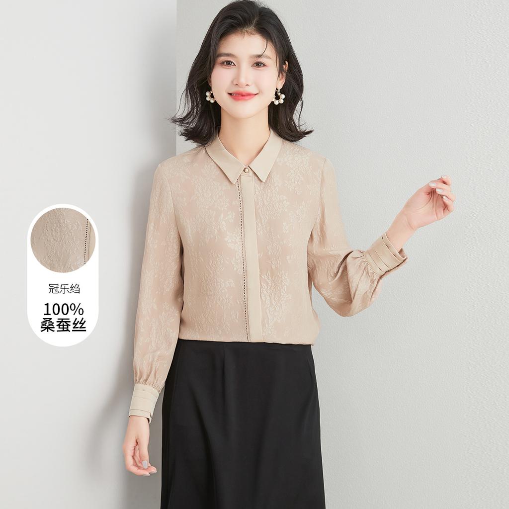 100% Mulberry Silk Crown Le Crepe Spring Thin Collar Jacquard Versatile Fashion Long Sleeve Women's Shirt