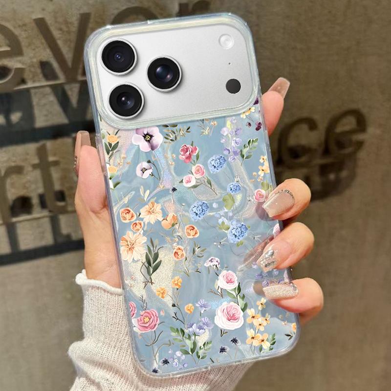 

Ретро Цветочный Узор Лазерный Чехол для Телефона Для iPhone Air 17 16 15 14 13 12 Pro Max 16 15 Plus 13 17 Pro 11 Ударопрочный Жесткий ПК Чехол iPhone 17 синий