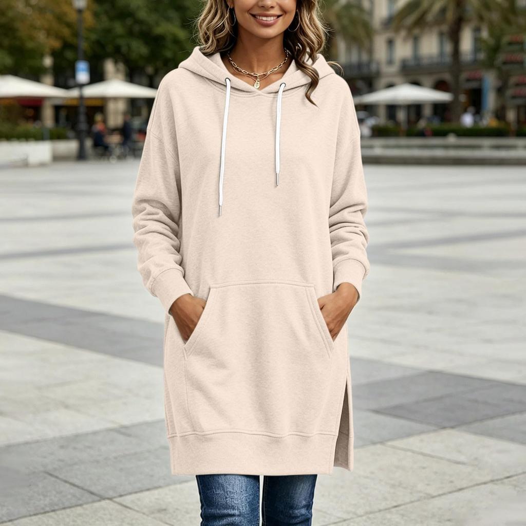 Abito Felpa Lungo da Donna Casual Pullover con Cappuccio e Tasca a Marsupio Spacco Laterale Vestibilità Comoda Ampia
