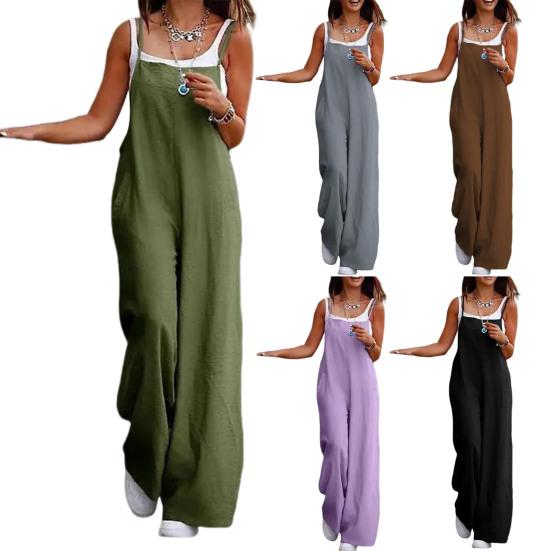 Lady Jumpsuit Collarless Spaghetti Strap Backless Sleeveless Loose Wide Leg Full Length Overalls Casual Daily Wear Outfit