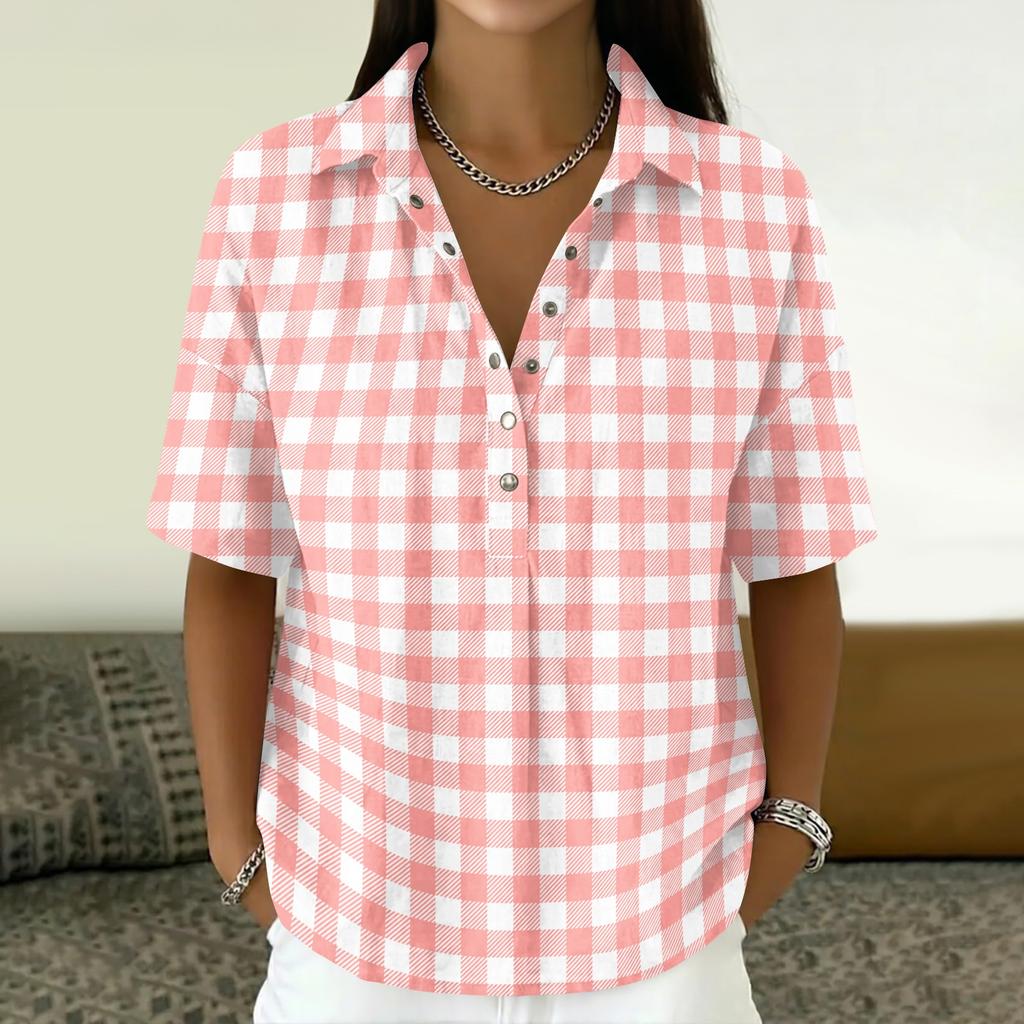 Women’s Turn Down Collar Button Up Vintage Print Short Sleeve Relaxed Fit Casual T Shirt Blouse Top for Everyday Wear