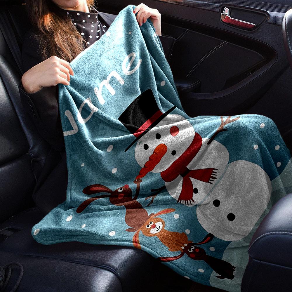 Custom Name Christmas Snowman Theme Printed Blanket - Perfect for Couch, Bed, Travel & Outdoor Use | Machine Washable, Cozy & Durable.