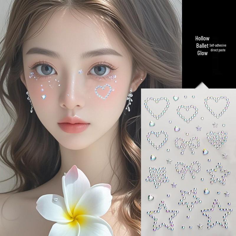 Concert Face Stickers: Five-Pointed Star, Blue Heart, Bowknot, Glue-Free Rhinestones for Makeup