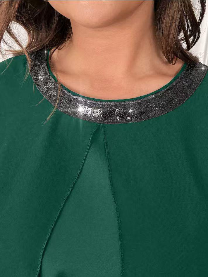 Completo da Donna Taglie Forti con Paillettes, Chiffon, Girocollo, Manica 3/4, Vita Elastica