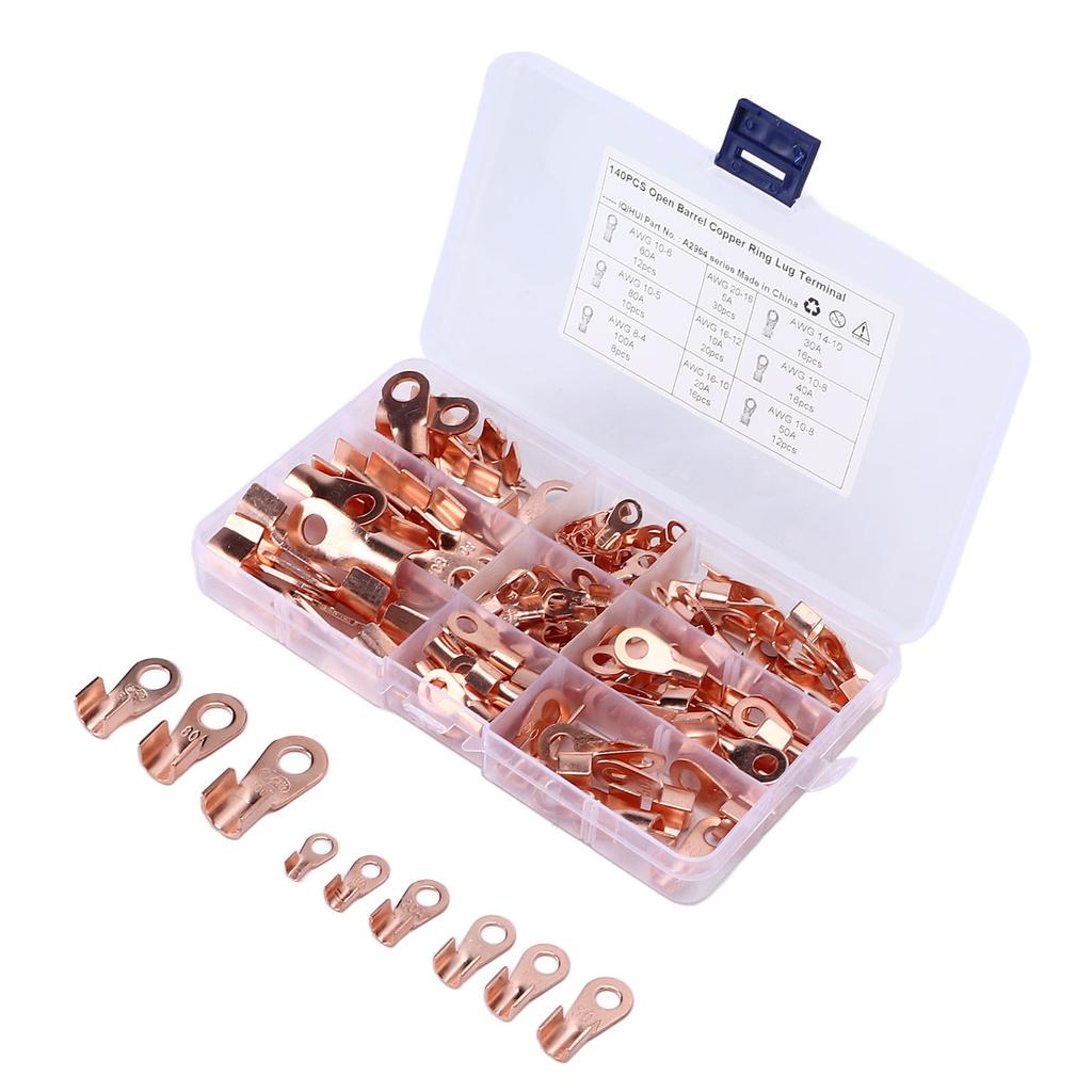 140pcs Open Barrel Wire Crimp Terminal 9‑Type Copper Ring Lugs Connector Universal for Cars