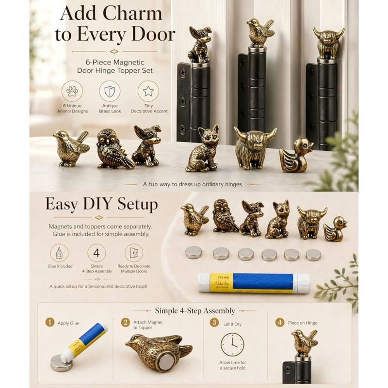 Pack of 6 Brasses Animal Hinge Toppers Decorations Handcrafted Miniature Sculptures Door Hinge Head for Home Bookshelf Display