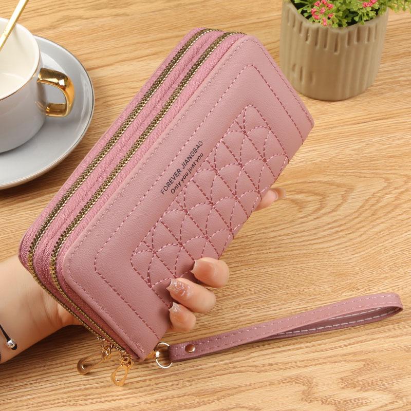New Women's Embroidered Soft Clutch Wallet - Double Zipper, Large Capacity, Mobile Friendly