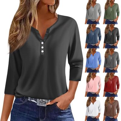 Women's T Shirt Tee Print Button  3/4 Sleeve Daily Weekend Fashion Basic V- Neck Regular Top