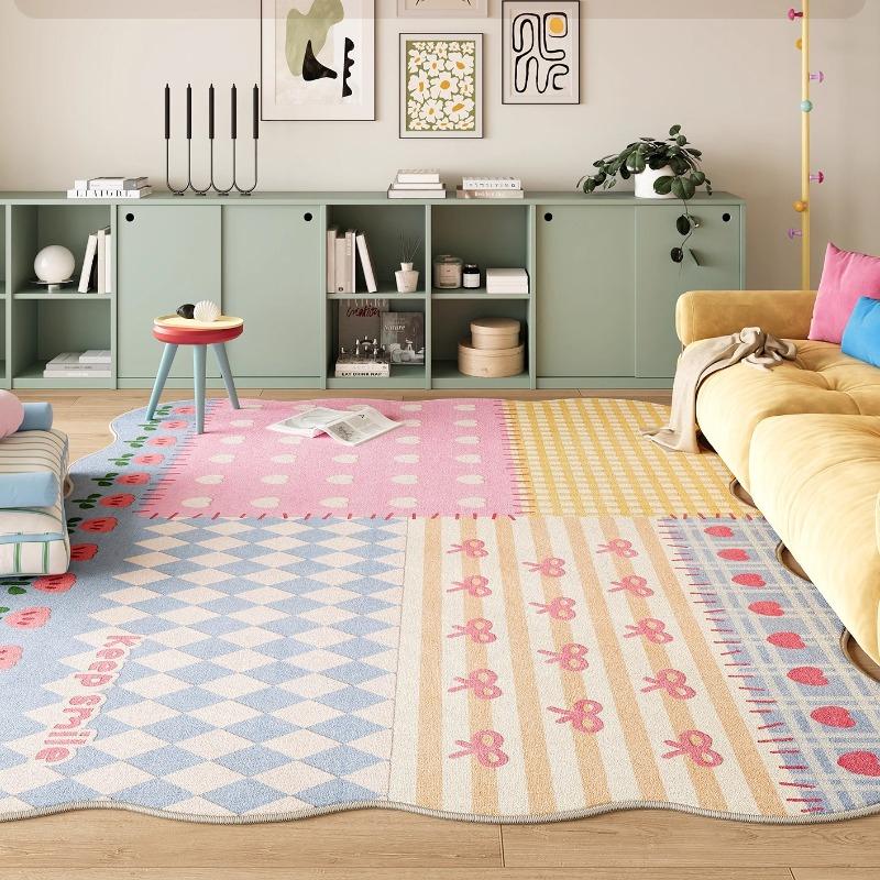 Dopamine Colorful Bedroom Decor Carpet Cartoon Style Carpets for Living Room Fluffy Soft Plaid Rug Home Thicken Pink Stripe Mat