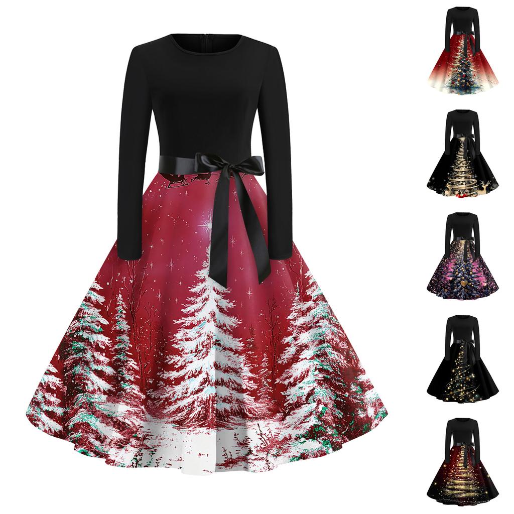 Women's Fashionable And Elegant Autun And Winter Long-sleeved Christmas Tree Print Dress