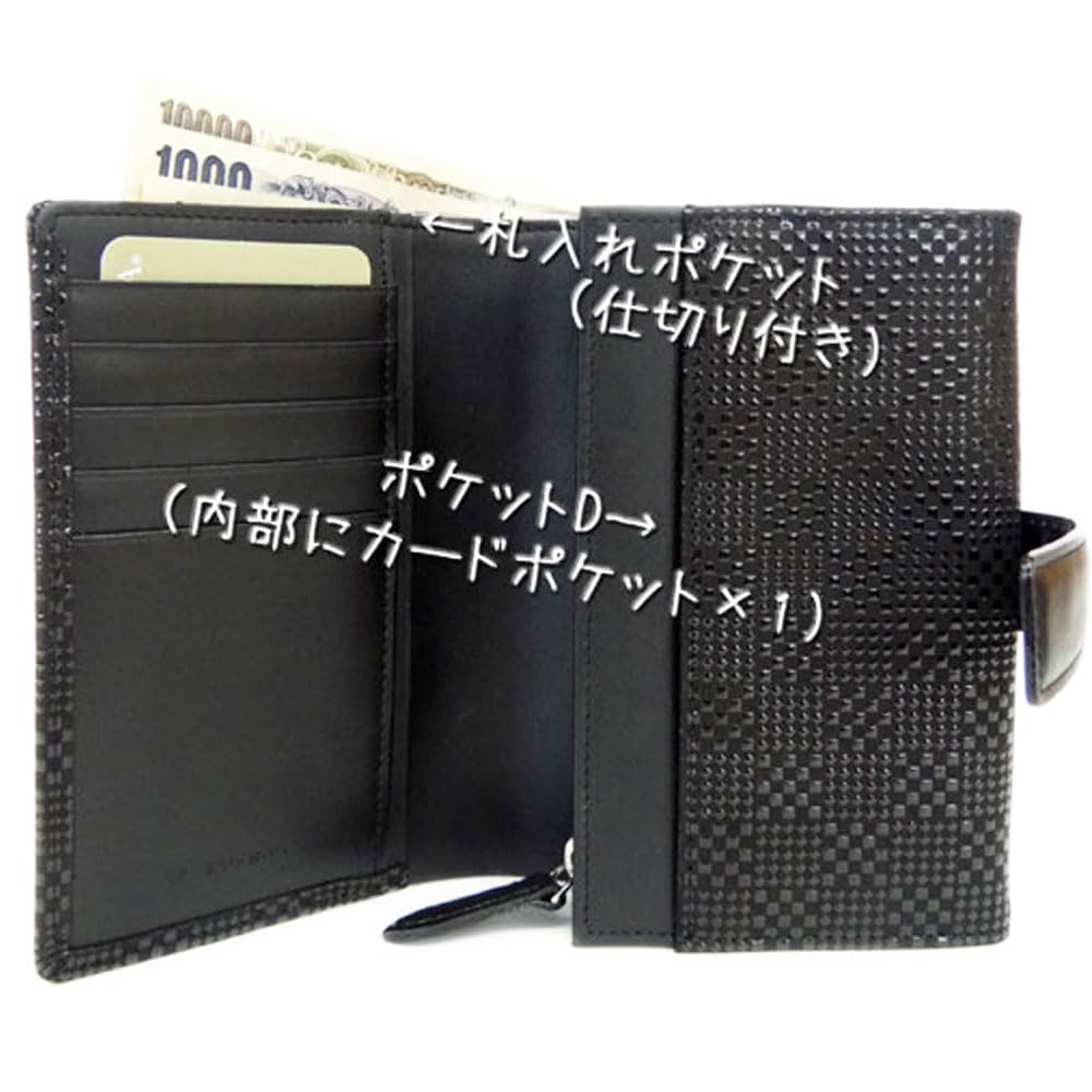 [Inden-ya] Inden Bifold Wallet 2213 Bill Compartment X Black Deerskin with Black Lacquer, Small Checkered Pattern